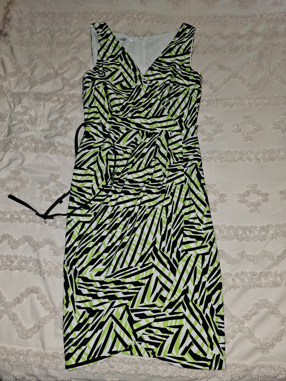 Maggy London V-Neck Sleeveless Midi Dress in Lime Green, Black, and White